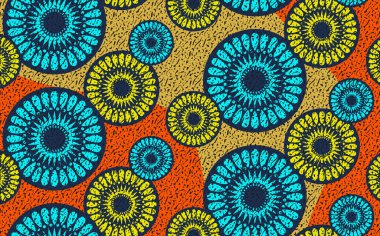 Afrika Balmumu Yazdırma Kumaşı arka planı, tasarımınız için el yapımı Etnik süs Afro Etnik çiçekler ve kabile motifleri geometrik elementler. Vektör dokusu, Afrika renkli tekstil Ankara moda