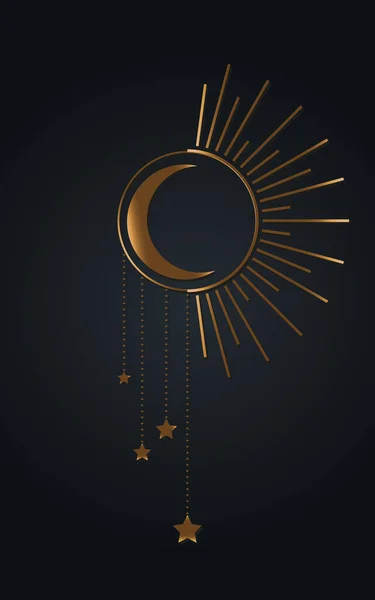 月と星アイコン ボホウィッチと魔法のシンボル 神秘的な芸術のサイン金の豪華な紋章 黒を基調としたベクトルイラスト グラフィックとウェブデザインのためのフラットスタイル ステッカー — ストックベクタ