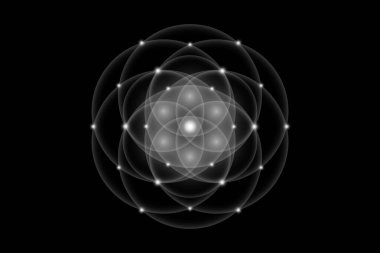 Yaşam tohumu, Kutsal Geometri, Yaşam Çiçeği, Işık logosu Uyum ve Denge Sembolü, Parlayan Geometrik Süs, siyah arkaplanda izole edilmiş beyaz lotus vektörü