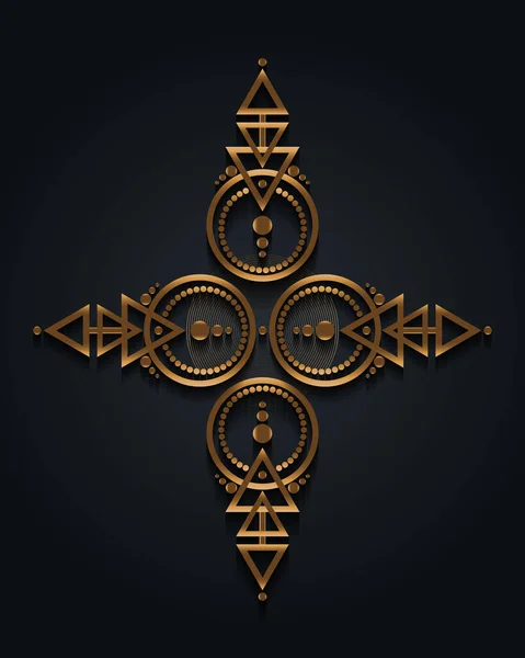 神聖な幾何学クロスボーダーフレーム 魔法の黄金のロゴデザイン 占星術 錬金術 Bohoスタイル 幾何学的な形状の金の豪華な神秘的なコンパスサイン 黒を基調としたベクトルイラスト — ストックベクタ