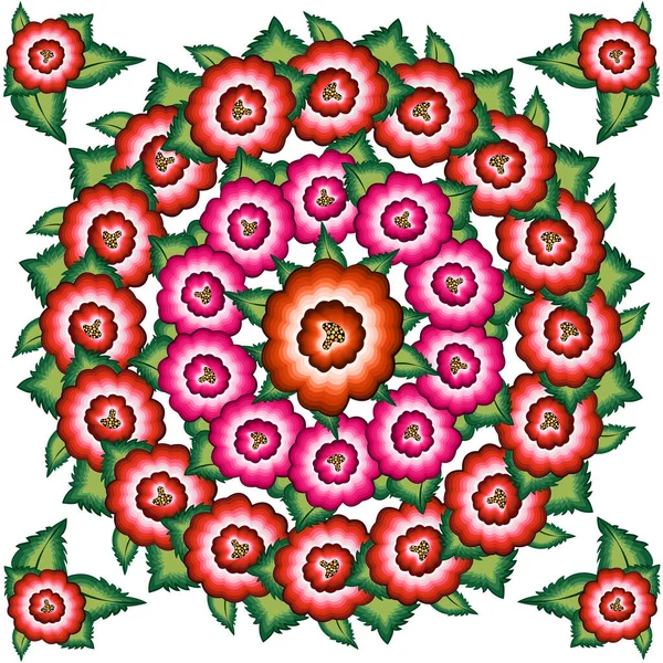 メキシコの花の刺繍パターン 民族色のマンダラネイティブの花民俗ファッションデザイン 刺繍メキシコの伝統的な織物スタイル 白い背景に隔離されたベクトル — ストックベクタ