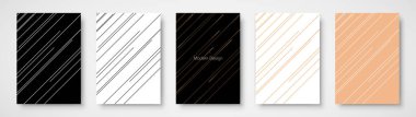 Modern black and white stripe cover, frame design set. Luxury creative dynamic line pattern in premium gold, silver, black colors. Formal premium vector background for business brochure, notebook, menu template