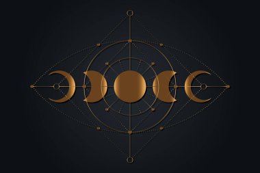 Celestial magic moon phases icons, Sacred Geometry, Eye of Providence mystical concept, alchemy All seeing eye, gold logo tattoo, boho style vector isoalted on black background