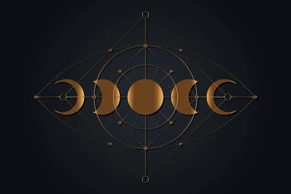 天体の魔法の月相アイコン 神聖な幾何学 プロビデンスの目神秘的な概念 錬金術黒の背景に隔離されたすべての目 金のロゴの入れ墨 Bohoスタイルのベクトルを見て — ストックベクタ