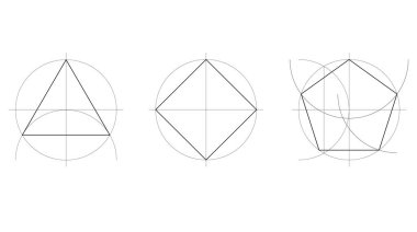 geometry lesson, technical geometric construction of a equilateral triangle, square and pentagon, two-dimensional shapes geometric drawing in black lines, vector isolated on white background