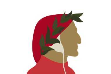 İtalyan şair Dante Alighieri konsepti, vektör karikatür portresi, Rönesans simgesi, beyaz arkaplanda izole edilmiş kültürel logo tasarımı