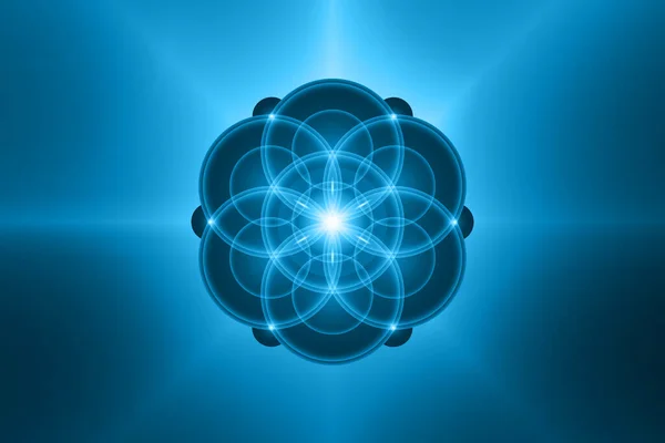 生命の種 霊的な神聖な幾何学 生命の花 ハスのネオンロゴ調和とバランスのシンボル 幾何学的装飾 リラックス 青い色の背景に隔離されたベクトルを輝く — ストックベクタ