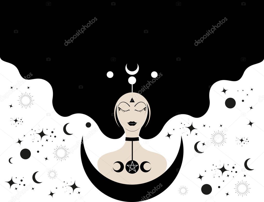 Priestess with lonh hair, template. Crescent moon, sacred wiccan woman goddess icon. Triple Moon Religious Wicca sign. Neopaganism symbols on white celestial background 