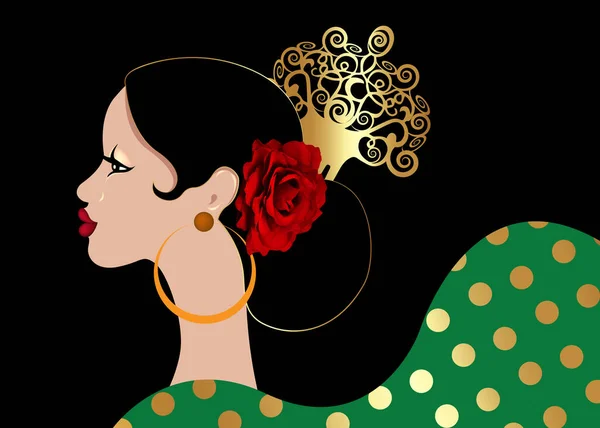 Hermoso Retrato Mujer Latina Española Peinados Para Niña Flamenca Con — Vector de stock