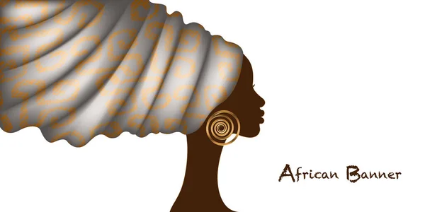 Impression Africaine Turban Tête Enveloppement Bannière Portrait Beauté Femme Afro — Image vectorielle