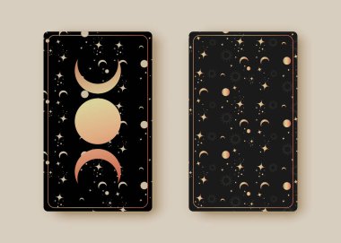 Sihirli tarot kartları, sihirli güneş ve üçlü ay, boho stili, kutsal geometri işareti, ezoterik ruhani semboller, Tanrı ve Tanrıça Wiccan ikonu. Siyah gökyüzü arkaplanında vektör vintage koleksiyonu