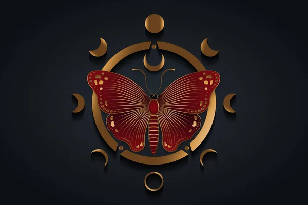 Belle Gravure Papillon Rouge Phases Lune Symbole Luxe Wiccan Pleine — Image vectorielle