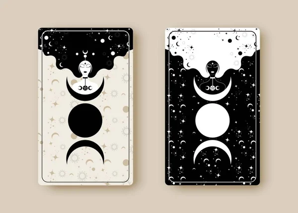 Set Cartas Mágicas Del Tarot Magia Mujer Triple Luna Estilo — Vector de stock