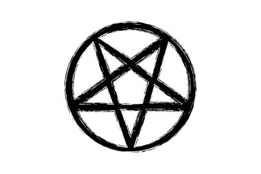 Pentagram Pentagram Vika Yıldızı, siyah fırça stili, el çizimi dövme şeytani okült işaretler ve mistik sembol, beyaz arkaplanda izole edilmiş vektör. 