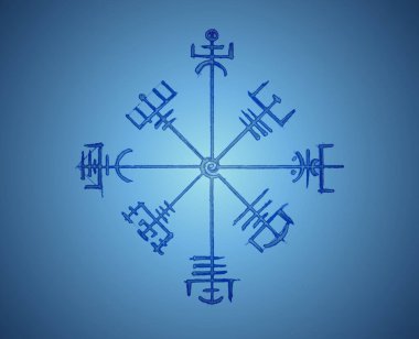 Vegvisir pusula kalem çizim stili, Viking sembollerinin el çizimi, mavi arkaplanda izole edilmiş Kutsal İskandinav logo çizimi