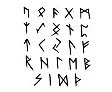 Viking rünleri, eski Futhark alfabesi. Retro Norse İskandinav rünleri. Keltçe antik harfler çiz. Eski hiyeroglif okült set simgeleri. Ortaçağ Viking sembolleri. Beyaz arkaplanda izole edilmiş vektör