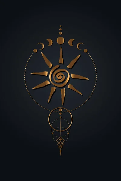 神秘的螺旋部落太阳和月亮相 神圣的几何图形 黄金标志异教徒巫术神和神的象征 黑色背景上孤立的老金色横幅标志 能量圈 Boho风格矢量 — 图库矢量图片