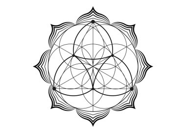 Nilüfer çiçeği ikonu, yantra mandala kutsal geometri, uyum ve dengenin dövme sembolü. Mistik tılsım, beyaz arkaplanda izole edilmiş siyah çizgiler vektörü. 