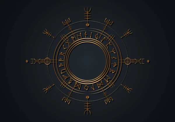 バイキングPagan Asatruルーンコンパス Vegvisir Rune Circleバイキング北欧神話 黄金の守護神 放浪者のための魔法のナビゲータコンパス 黒の背景に隔離されたベクトル — ストックベクタ