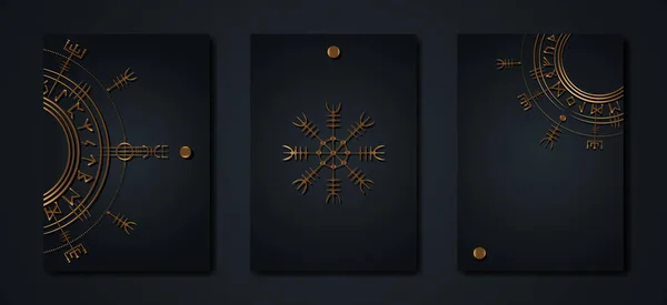 Ensemble Cartes Noires Collection Magie Antique Viking Art Déco Vegvisir — Image vectorielle