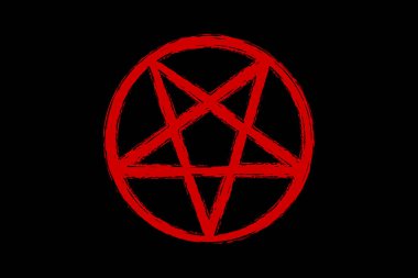 Pentagram Pentagram Vika Yıldızı, kırmızı fırça stili, el çizimi dövme şeytani okült işaretleri ve mistik sembol, siyah arkaplanda izole edilmiş vektör. 