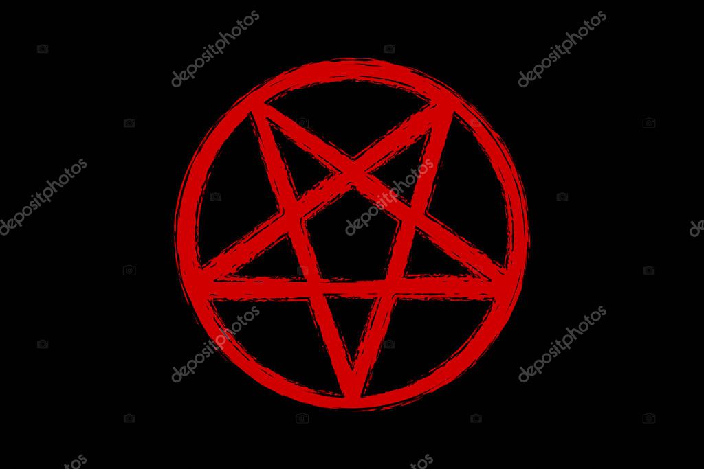Pentagram Pentacle Wicca Star, red brush style, hand drawn tattoo satanic occult signs and mystic symbol, vector isolated on black background