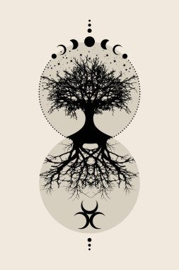 Kutsal ağaç ve hilal ay. Üç Tanrıça mistik ay evreleri, yaşam ağacı, kutsal geometri. Toprak Ana cadı bayrağı. Eski işaret, enerji çemberi, boho tarzı vektör. Eski arkaplanda izole edilmiş.