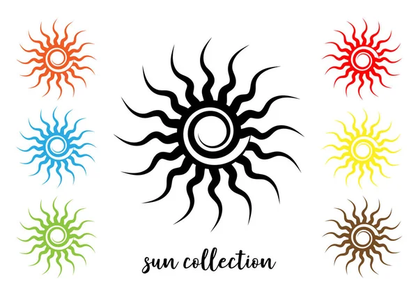 Установите Цветное Племенное Солнце Знак Солнечного Колеса Икона Лета Древний — стоковый вектор