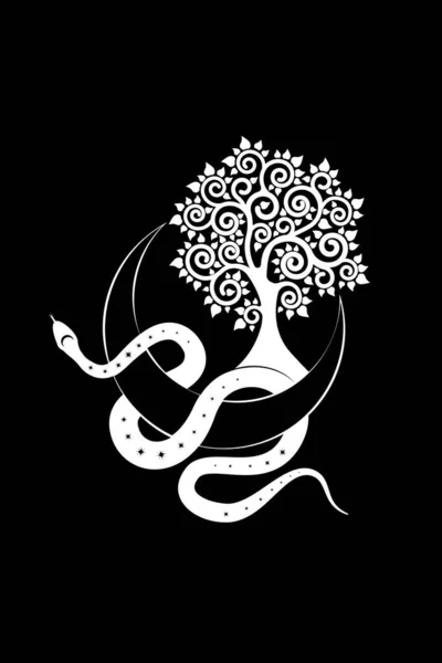 Λευκό Φίδι Στο Κρέσεντ Μουν Και Δέντρο Της Ζωής Ιερή — Διανυσματικό Αρχείο