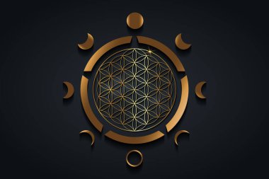 Ayın halkaları, hayat çiçekleri, altın ruhlu Yantra mandala, Kutsal Geometri. Siyah arkaplanda izole edilmiş Vector altın yuvarlak logosu.