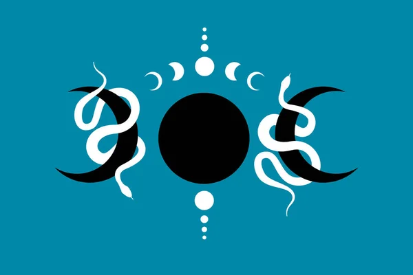 神奇的三月亮和蛇 月亮相位 神圣的几何图形 天上异教徒威肯女神的象征 新月旗标志 能量圈 Boho风格 向量隔离在蓝色背景 — 图库矢量图片