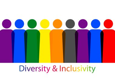 Kapsama ve çeşitlilik. İnsanların siluetleri ve LGBTQ + set, insanlar web sitesi için vektör logosu portresi, banner gay gurur konsepti, beyaz arkaplanda izole edilmiş renkli gökkuşağı işareti vektörü 