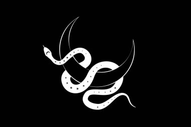 Sihirli Hilal Ay 'da Beyaz Yılan. Kutsal geometri, ilahi pagan tanrıça sembolü. Yarım Ay Wicca pankartı işareti, dövme, enerji çemberi, boho biçimi, siyah arkaplanda izole edilmiş vektör