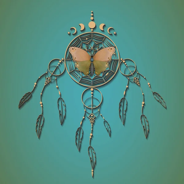 蝴蝶带着曼陀罗装饰品和月相在梦中捕猎 金色神秘符号 民族艺术与土著美洲印第安人Boho设计 向量隔离在旧绿色背景 — 图库矢量图片