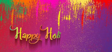Mutlu Holi Hint Festivali Bayrağı, renkli gulaal, toz rengi, renkli patlama desenli parti kartı ve kağıt üzerinde kristaller, çok renkli arka plan, vektör illüstrasyon renkli şablon