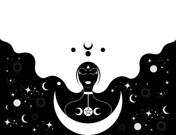 Preoteasă Păr Singuratic Şablon Luna Semilună Icoana Sacră Femeii Negre — Vector de stoc