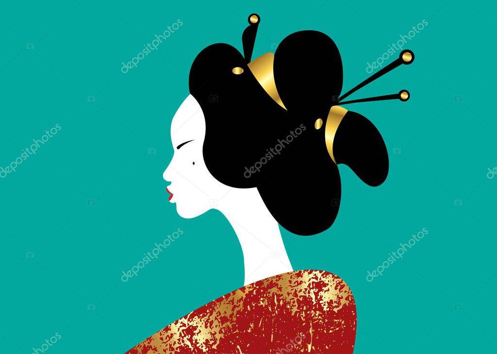Portrait of the young Japanese girl ancient hairstyle. Geisha, maiko, princess. Traditional Asian woman style. Print, poster, t shirt, card. Vector illustration isolated on green vintage background