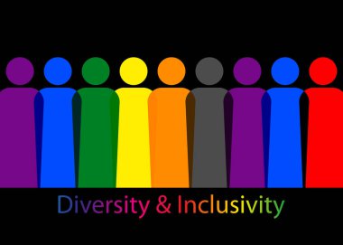Kapsama ve çeşitlilik. İnsanların siluetleri ve LGBTQ + set, insanlar web sitesi için vektör logosu portresi, banner gay gurur konsepti, siyah arkaplanda izole edilmiş renkli gökkuşağı işareti vektörü 