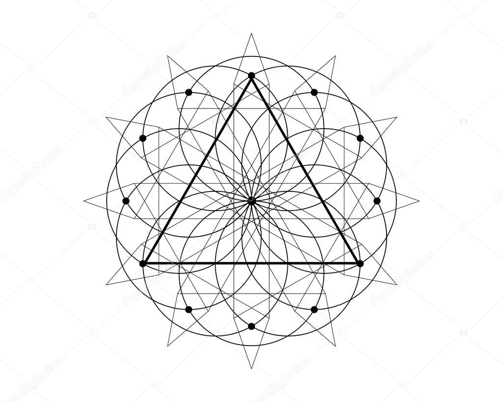 Sacred Geometry magic triangle symbol, third Eye sign. Geometric mystic mandala of alchemy esoteric Flower of Life. Black line art vector circle divine meditative amulet isolated on white background
