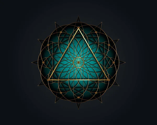 神圣的几何魔法三角符号 第三眼符号 炼金术深奥的生命之花的几何神秘曼陀罗 金线艺术矢量圈神冥想护身符分离的黑色背景 — 图库矢量图片