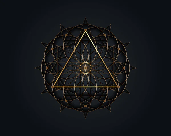 神聖な幾何学魔法の三角形のシンボル 3番目の目の記号 錬金術の幾何学的な神秘的な曼荼羅生命の花 ゴールドラインアートベクトルサークル黒の背景に隔離された神聖な瞑想のお守り — ストックベクタ
