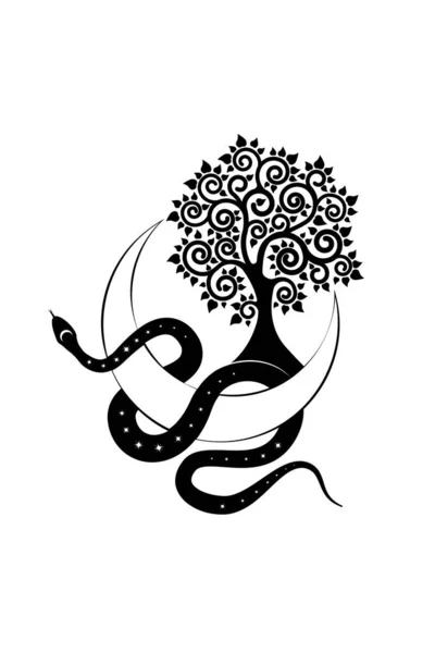 Serpent Noir Sur Croissant Lune Arbre Vie Géométrie Sacrée Mystique — Image vectorielle