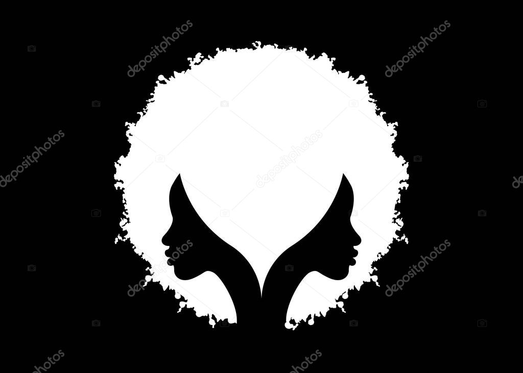 Logo round design African american woman face profile with curly afro hair. Women profile hairstyle silhouette on the black background. Vector illustration isolated