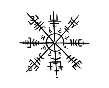 Vegvisir pusula, siyah kalem çizim stili, Viking sembollerinin el çizimi, Kutsal Norveççe dövme logosu, grunge runik büyü sembolleri, beyaz arkaplanda izole edilmiş vektör çizimi.
