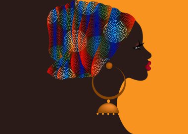 Afro saç stili, balmumu desenli kumaş sarıklı güzel Afrikalı kadın afro kıvırcık saçlı, afiş desenli, turuncu arka planda izole edilmiş vektör.