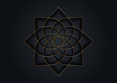 Altın nilüfer çiçeği mandala, yaşam sembolü Kutsal Geometri. Simya ezoterik çiçeğinin logo simgesi Geometrik mistik mandala. Altın çizgili vektör sanatı. İlahi meditasyon tılsımı. Siyah üzerine izole edilmiş. 