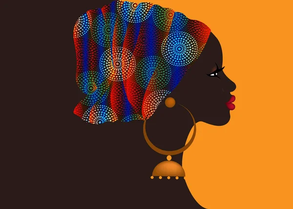 Afro Saç Stili Balmumu Desenli Kumaş Sarıklı Güzel Afrikalı Kadın — Stok Vektör