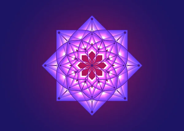 紫色の蓮の花曼荼羅 生命のシンボルの種神聖な幾何学 ロゴアイコン錬金術の幾何学的神秘的なマンダラ密教の花 青い上に隔離されたベクトルライトネオンスタイルの神聖な瞑想のお守り — ストックベクタ