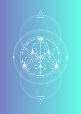 Kutsal Geometri, Hayat Çiçeği, Nilüfer çiçeği mandala. Beyaz armoni ve denge logosu, Parlayan Geometrik Süs, yoga rahatlama, mavi gradyan üzerinde izole vektör 
