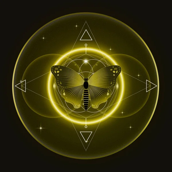 蝴蝶飞越曼陀罗 神圣的几何 和谐与平衡的标志 闪耀的迷幻霓虹灯 老式几何装饰品 瑜伽放松 矢量星形黑色背景 — 图库矢量图片